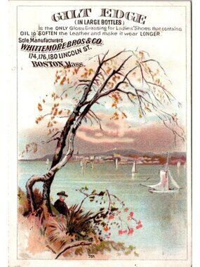 1890s Victorian Trade Card Whittemore Bros Gilt Edge Shoe Polish Boston Mass